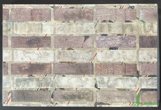 A collage of rectangular paper cutouts arranged like bricks on a newspaper background, with varied textures and colors.
