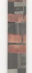 A narrow, vertical abstract painting with horizontal bands of muted red and gray, creating a textured, layered effect.