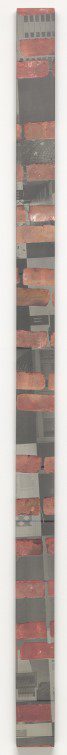 A narrow, vertical abstract painting with horizontal bands of muted red and gray, creating a textured, layered effect.