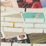 A long, vertical collage of various magazine cutouts and white rectangular strips, creating a fragmented and abstract composition.