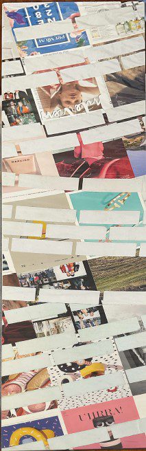 A long, vertical collage of various magazine cutouts and white rectangular strips, creating a fragmented and abstract composition.