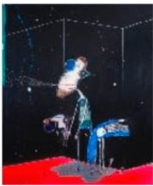 Abstract painting with a dark background, white and blue forms, and a red foreground.