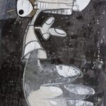 Abstract painting with a white, elongated, insect-like figure against a dark, textured background.