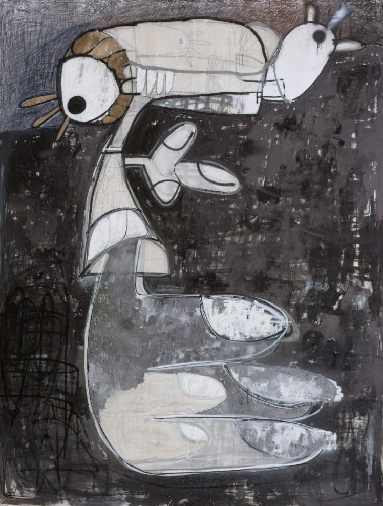 Abstract painting with a white, elongated, insect-like figure against a dark, textured background.