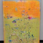 A vibrant, abstract painting with a gradient from blue to orange to lime green, filled with tiny, whimsical figures.