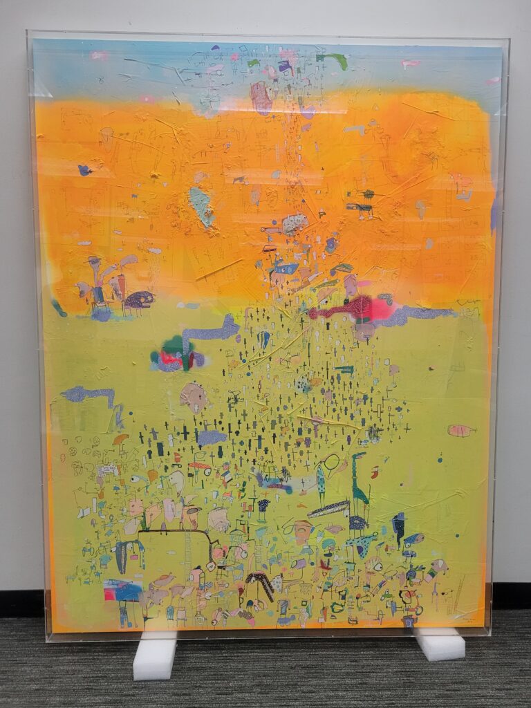 A vibrant, abstract painting with a gradient from blue to orange to lime green, filled with tiny, whimsical figures.