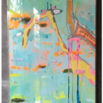 Two whimsical giraffes with long necks and expressive eyes in a vibrant, abstract painting with teal and orange hues.