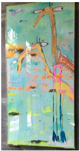 Two whimsical giraffes with long necks and expressive eyes in a vibrant, abstract painting with teal and orange hues.
