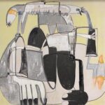 Abstract painting with a light yellow background, featuring black, white, and gray shapes with orange accents.