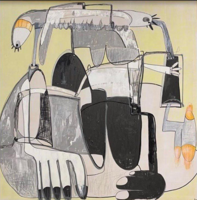 Abstract painting with a light yellow background, featuring black, white, and gray shapes with orange accents.