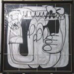 Abstract black and white painting with bold lines and shapes, resembling a distorted face or hands.