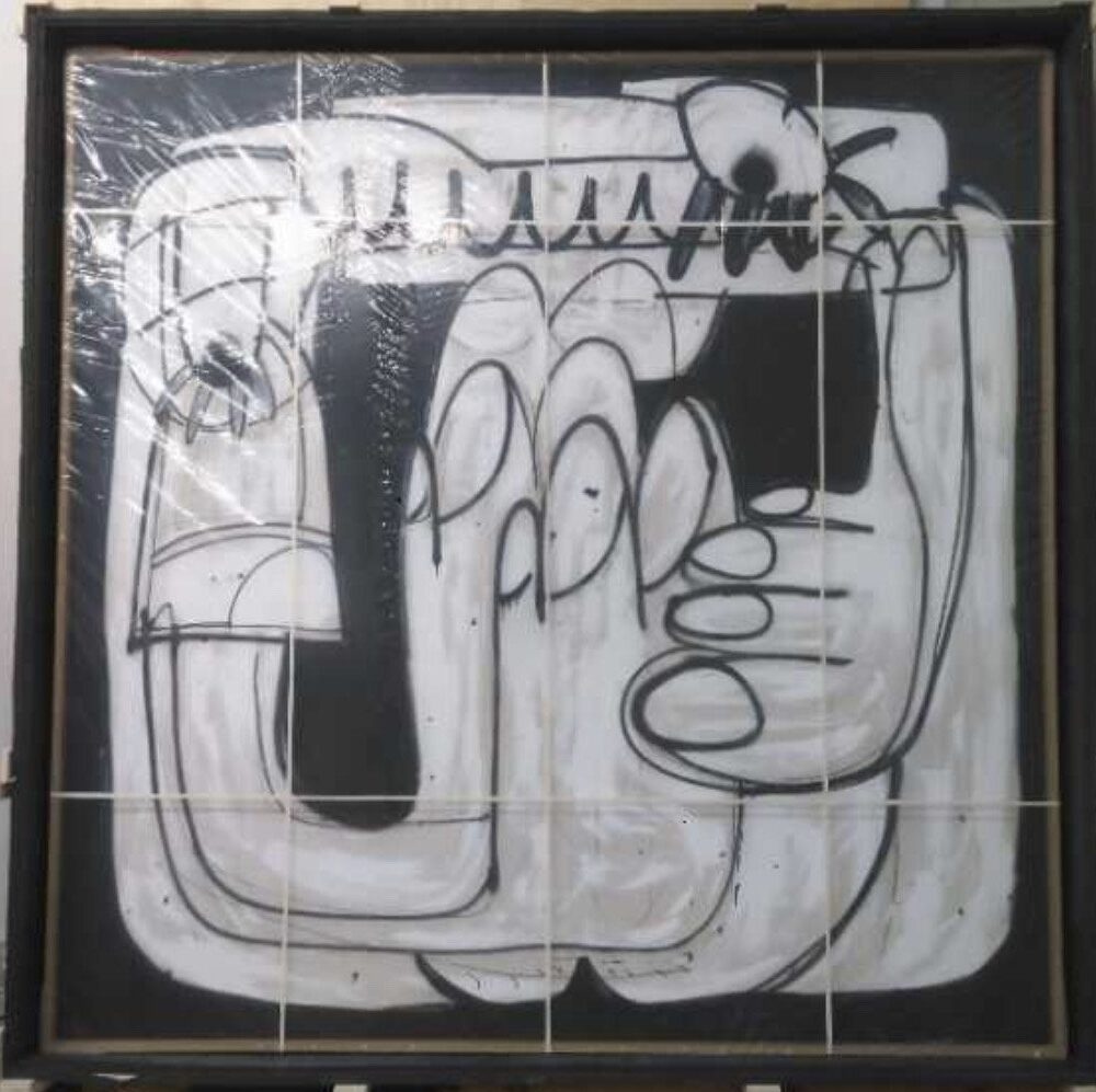 Abstract black and white painting with bold lines and shapes, resembling a distorted face or hands.