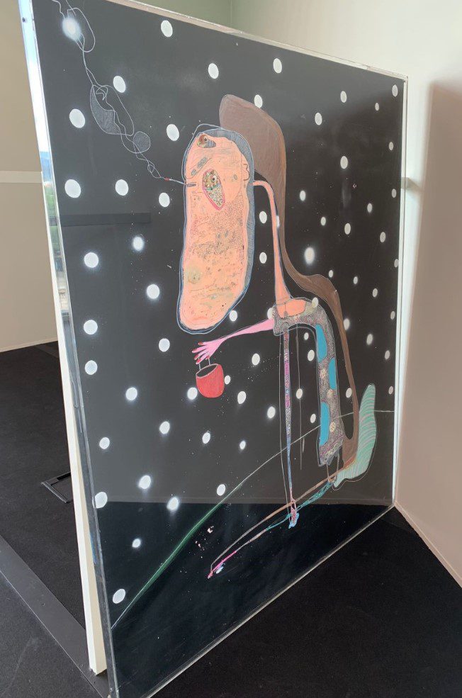 A whimsical, abstract painting on a black background with white polka dots, featuring a stylized figure holding a red bucket.