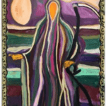A colorful, abstract painting of the Grim Reaper holding a scythe under a full moon.