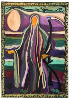A colorful, abstract painting of the Grim Reaper holding a scythe under a full moon.
