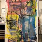 Abstract painting with bold, colorful strokes and intricate black lines.