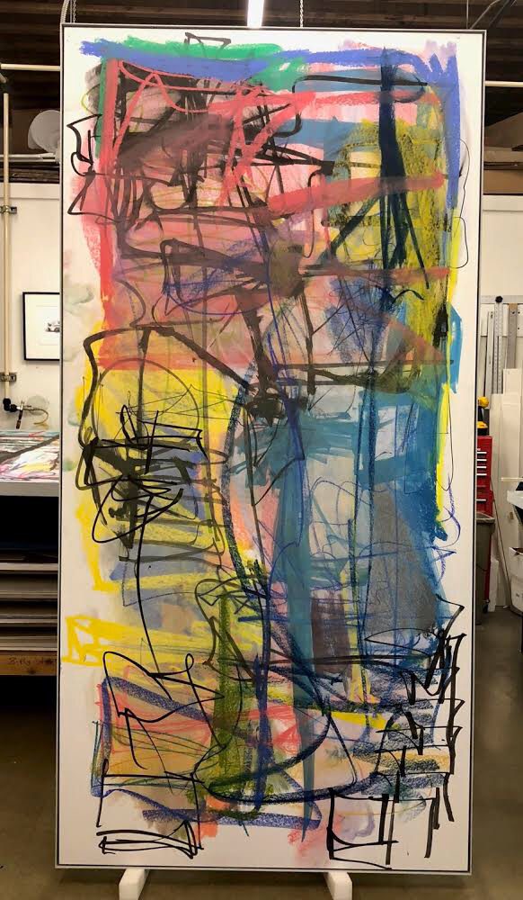 Abstract painting with bold, colorful strokes and intricate black lines.