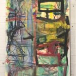 Abstract painting with bold black lines, vibrant primary colors, and energetic scribbles on a white background.