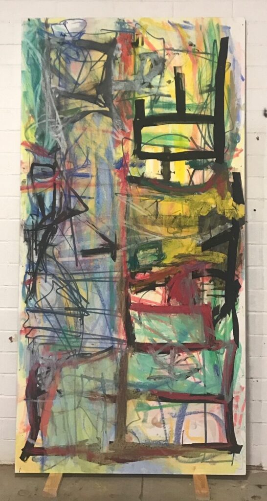 Abstract painting with bold black lines, vibrant primary colors, and energetic scribbles on a white background.