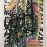 Abstract painting with black scribbles, colorful washes, and geometric shapes on a white canvas.