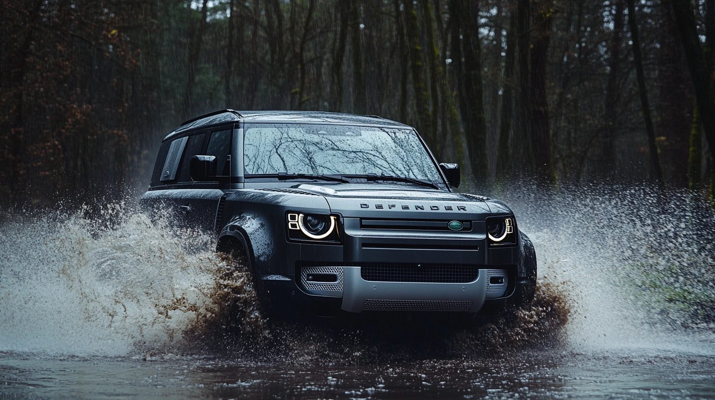 A dark gray Land Rover Defender drives through a muddy puddle, splashing water in a dense forest.