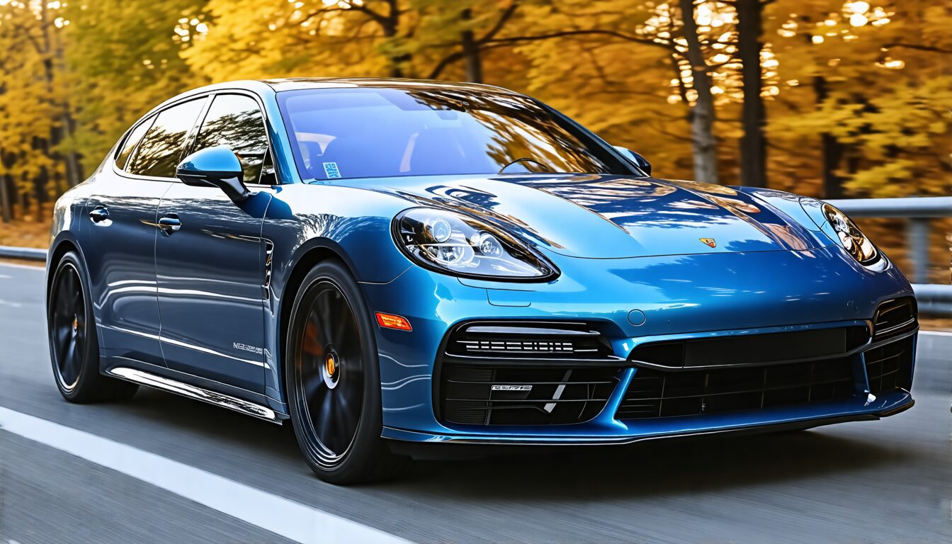 A blue Porsche Panamera drives on a road lined with trees with golden autumn leaves.