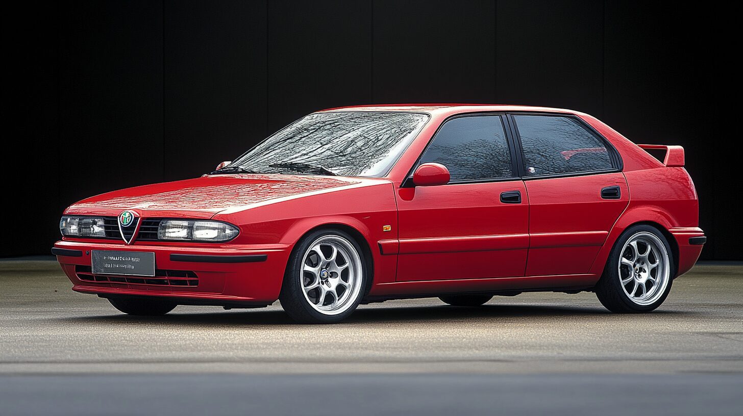 A vibrant red 1990s Alfa Romeo 155 sedan, modified with aftermarket wheels, parked against a dark background.