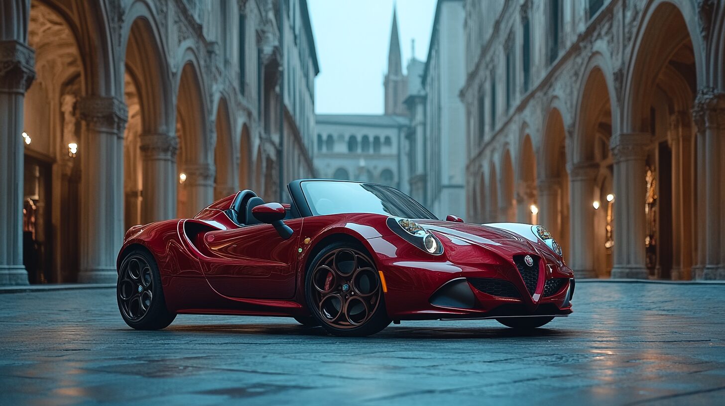 A red Alfa Romeo 4C Spider parked on a cobblestone street in a European city.