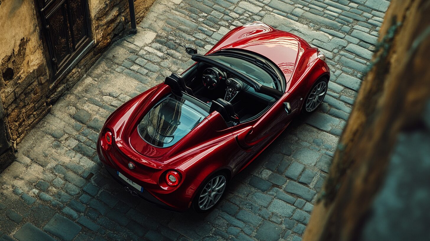 A red Alfa Romeo 4C Spider parked on a cobblestone street, viewed from above.