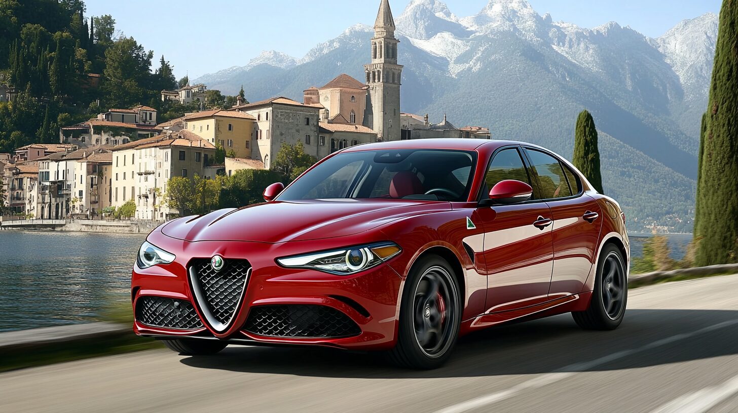 A red Alfa Romeo Giulia sedan driving on a scenic road next to a lake with a town and mountains in the background.