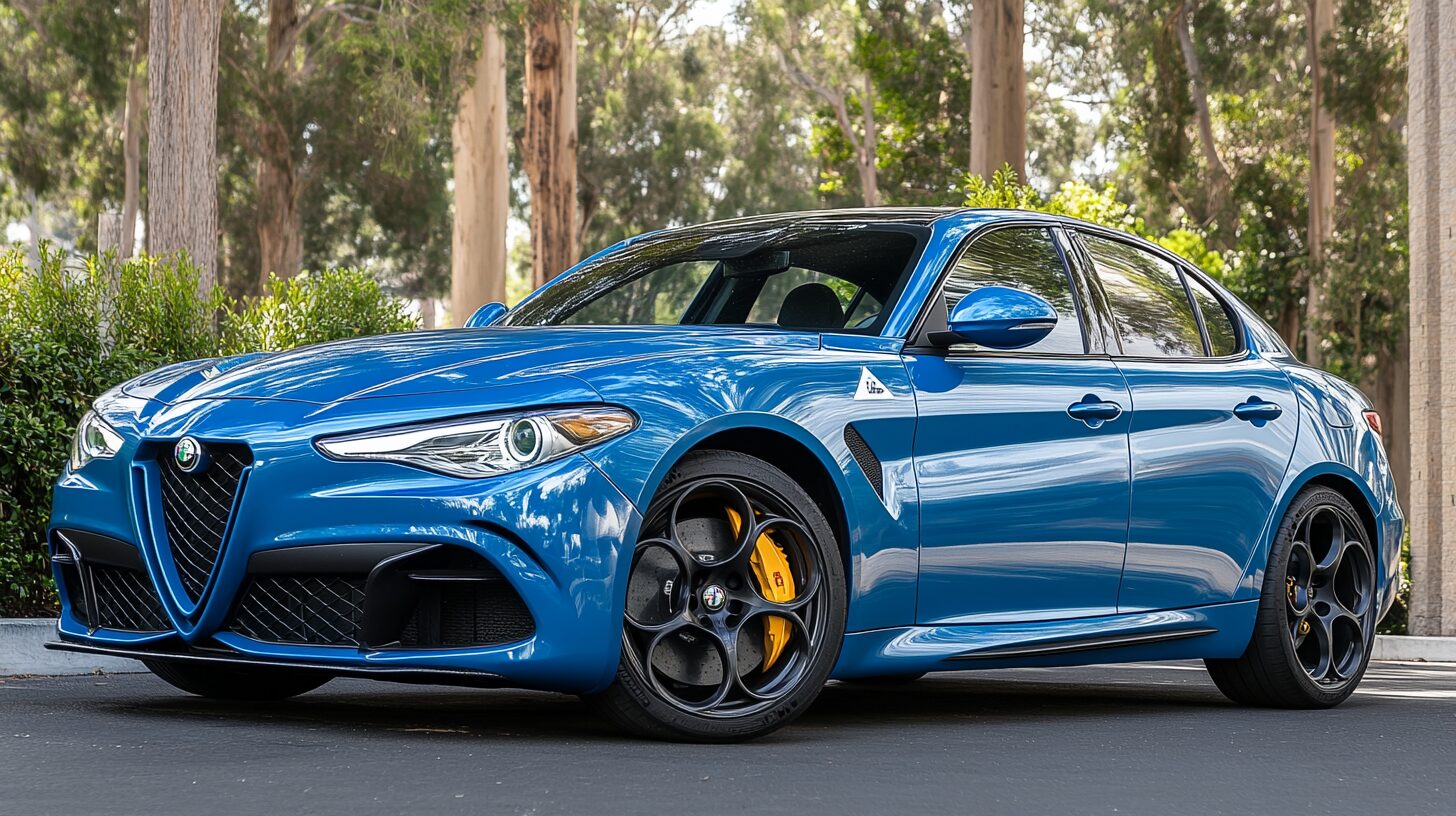 A blue Alfa Romeo Giulia Quadrifoglio parked outdoors with trees in the background.