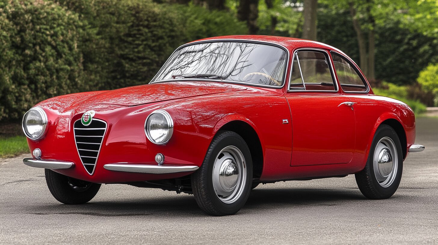 A vibrant red 1957 Alfa Romeo Giulietta Sprint Speciale, a classic Italian sports car, parked outdoors.