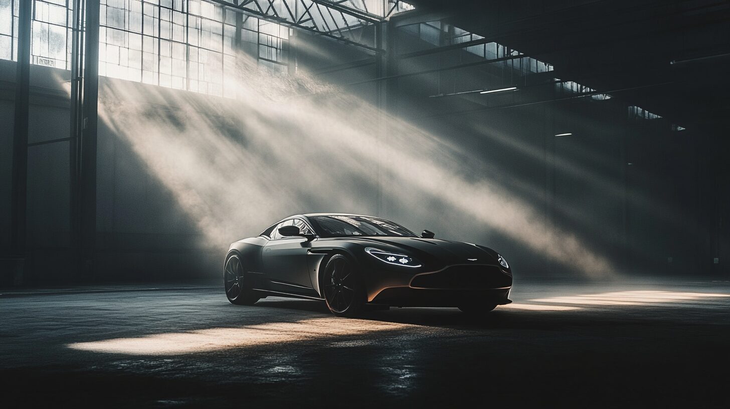 A sleek, dark Aston Martin sports car parked in a sunlit industrial warehouse.