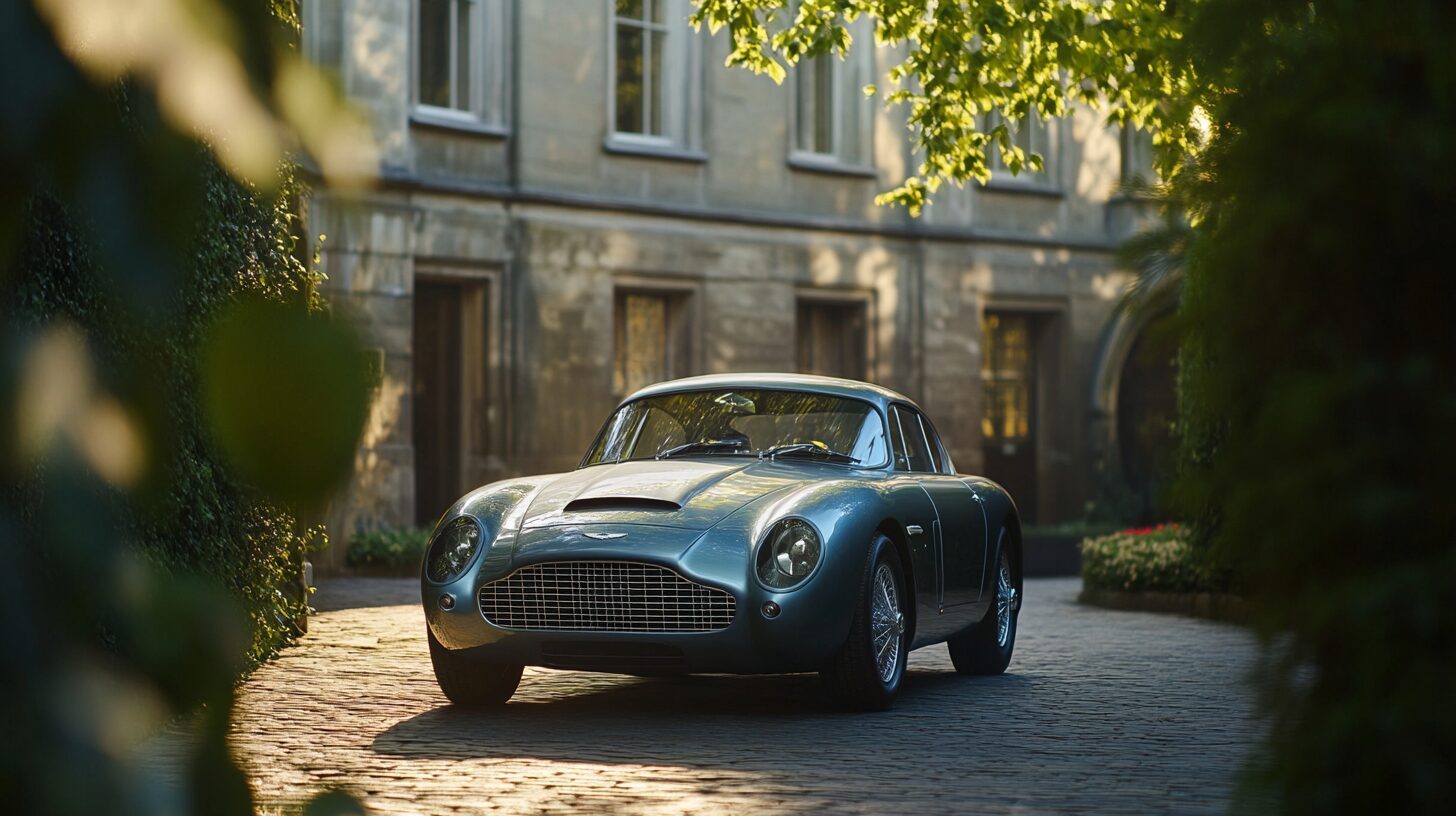 A vintage Aston Martin DB4 GT Zagato parked on a cobblestone driveway in front of a historic building.