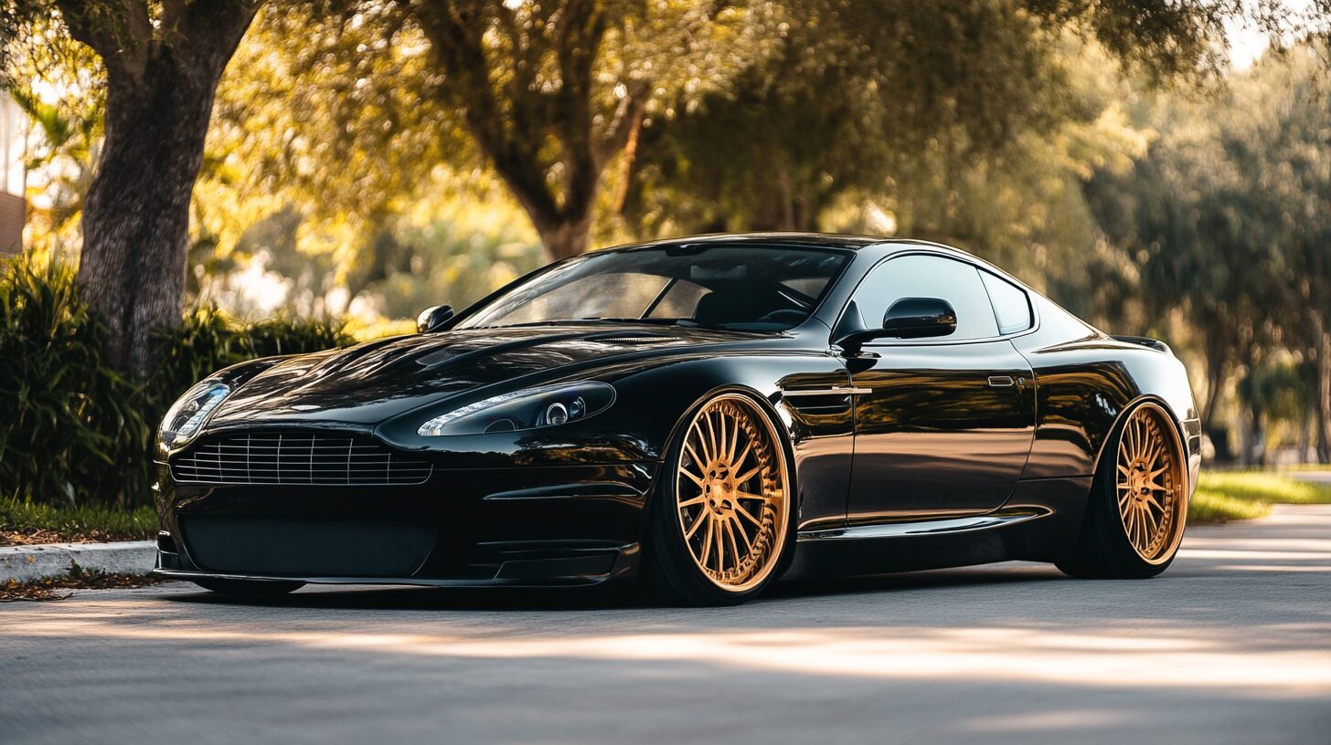 A sleek black Aston Martin DBS with custom gold wheels parked on an asphalt road under dappled sunlight.