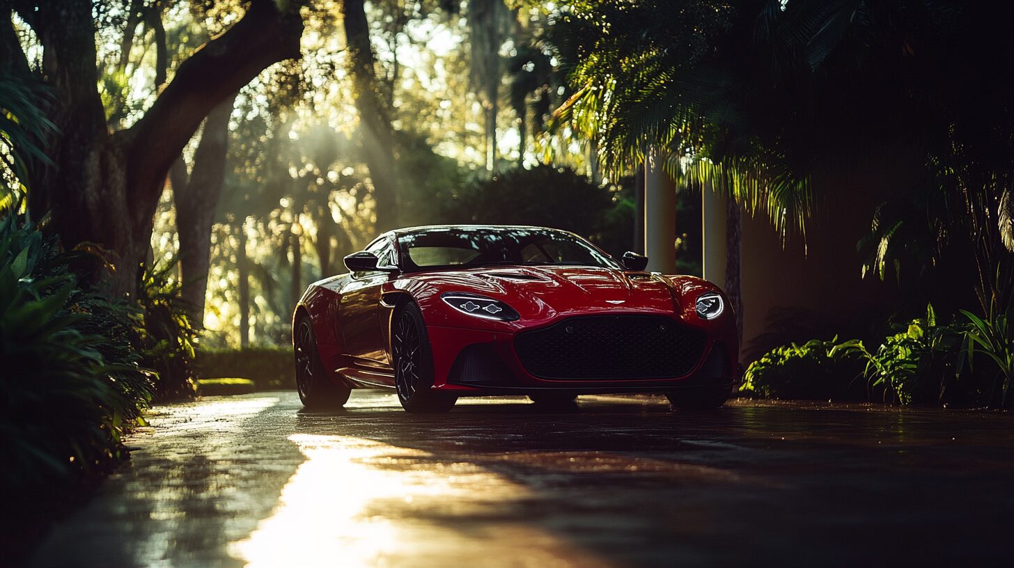 Red Aston Martin DBS Superleggera parked on a wet driveway under dappled sunlight filtering through trees.