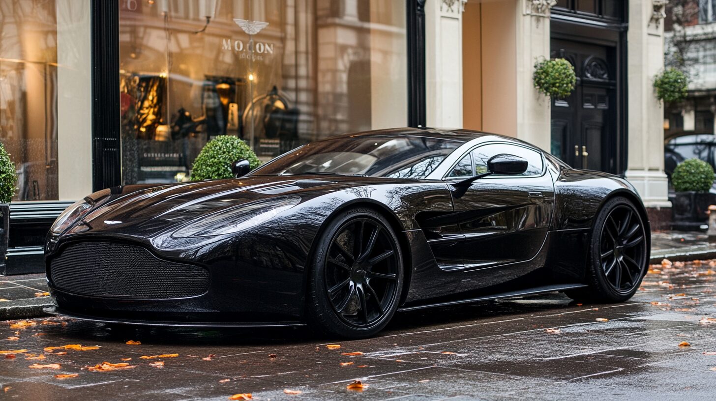 A sleek, black Aston Martin sports car parked on a wet, leaf-strewn street in front of a luxury storefront.
