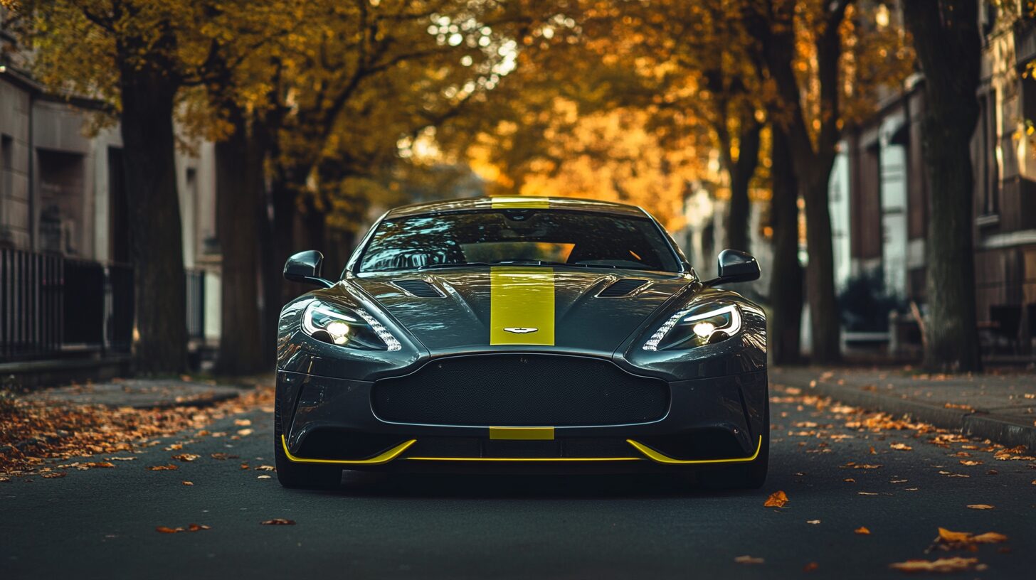 A gray Aston Martin with a yellow racing stripe on a tree-lined street in autumn.