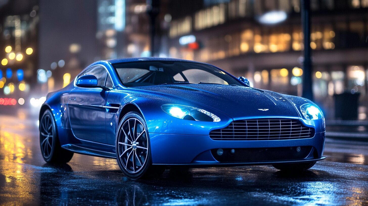 A sleek blue Aston Martin Vantage is parked on a wet city street at night, with blurred city lights in the background.