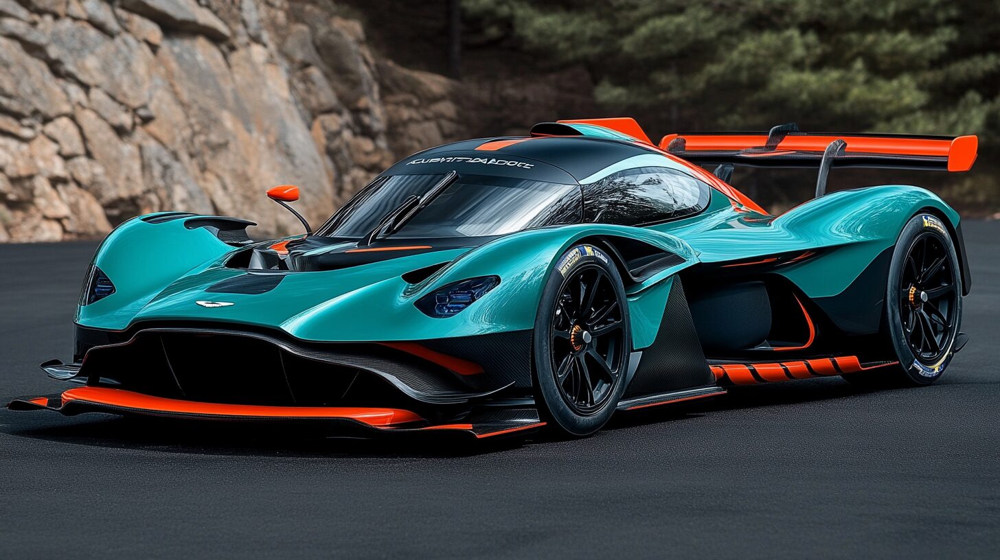 A teal and orange Aston Martin Valkyrie AMR Pro, a high-performance track-focused hypercar, parked on an asphalt road.