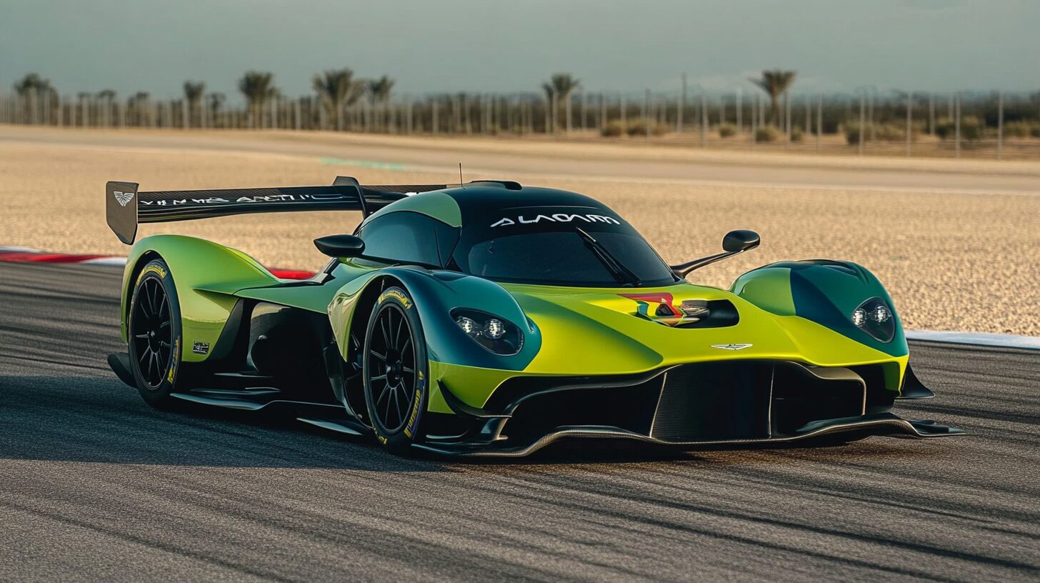 A vibrant green and black Aston Martin Valkyrie AMR Pro race car speeding on a track.