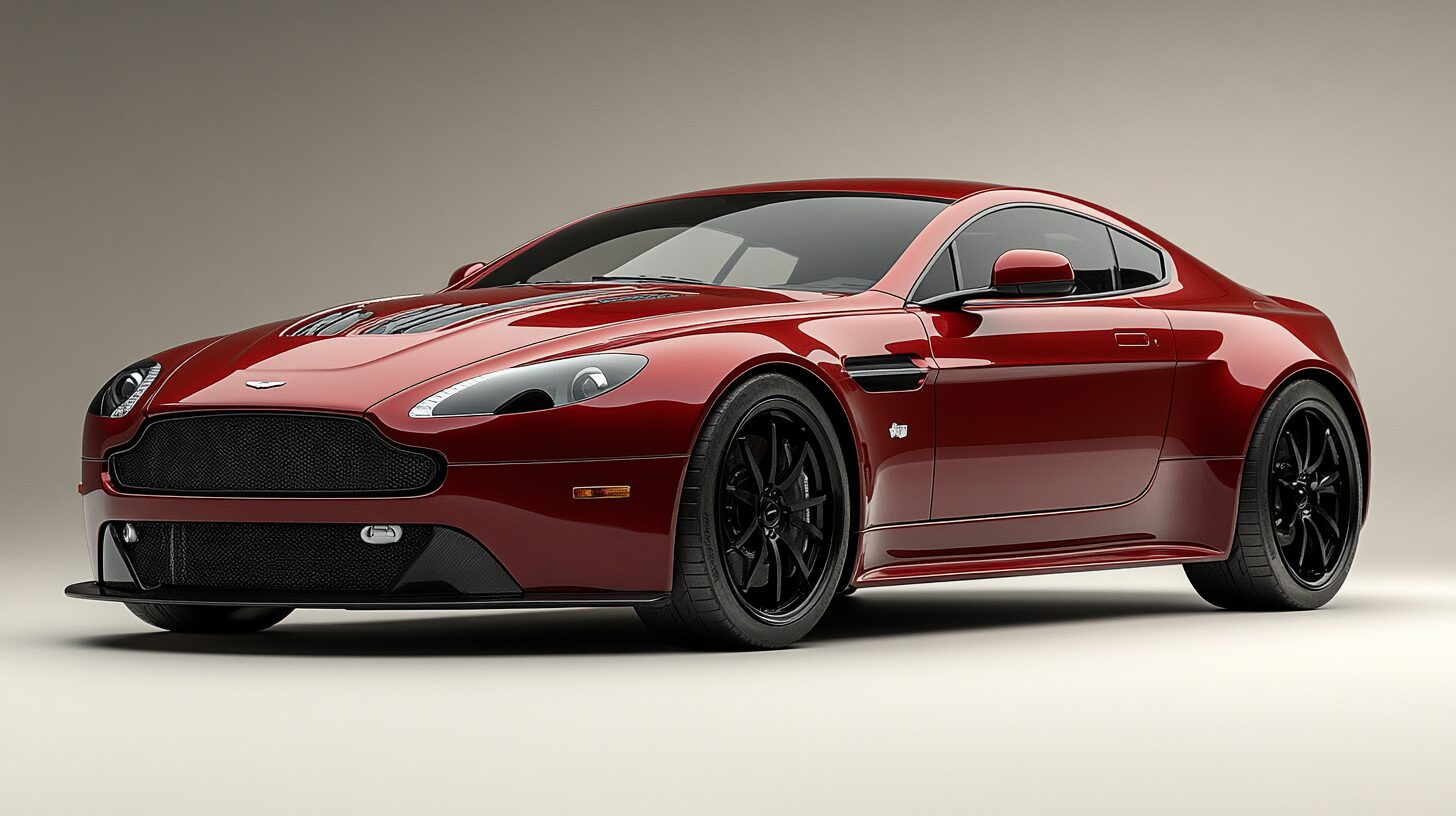 A sleek, dark red Aston Martin V12 Vantage sports car with black wheels, parked on a light background.