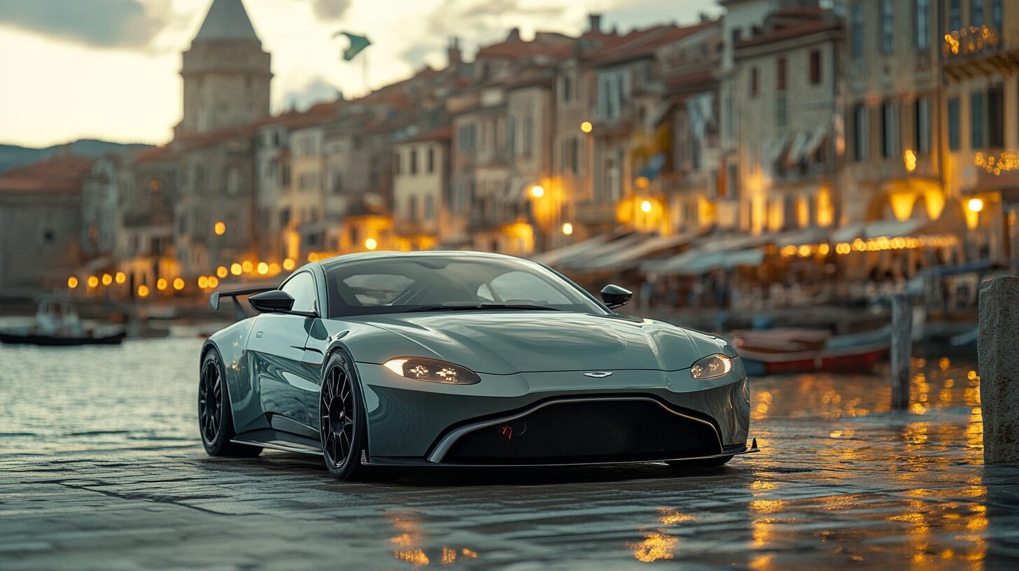 A sleek, dark green Aston Martin Vantage parked on a wet stone surface next to a body of water at dusk.