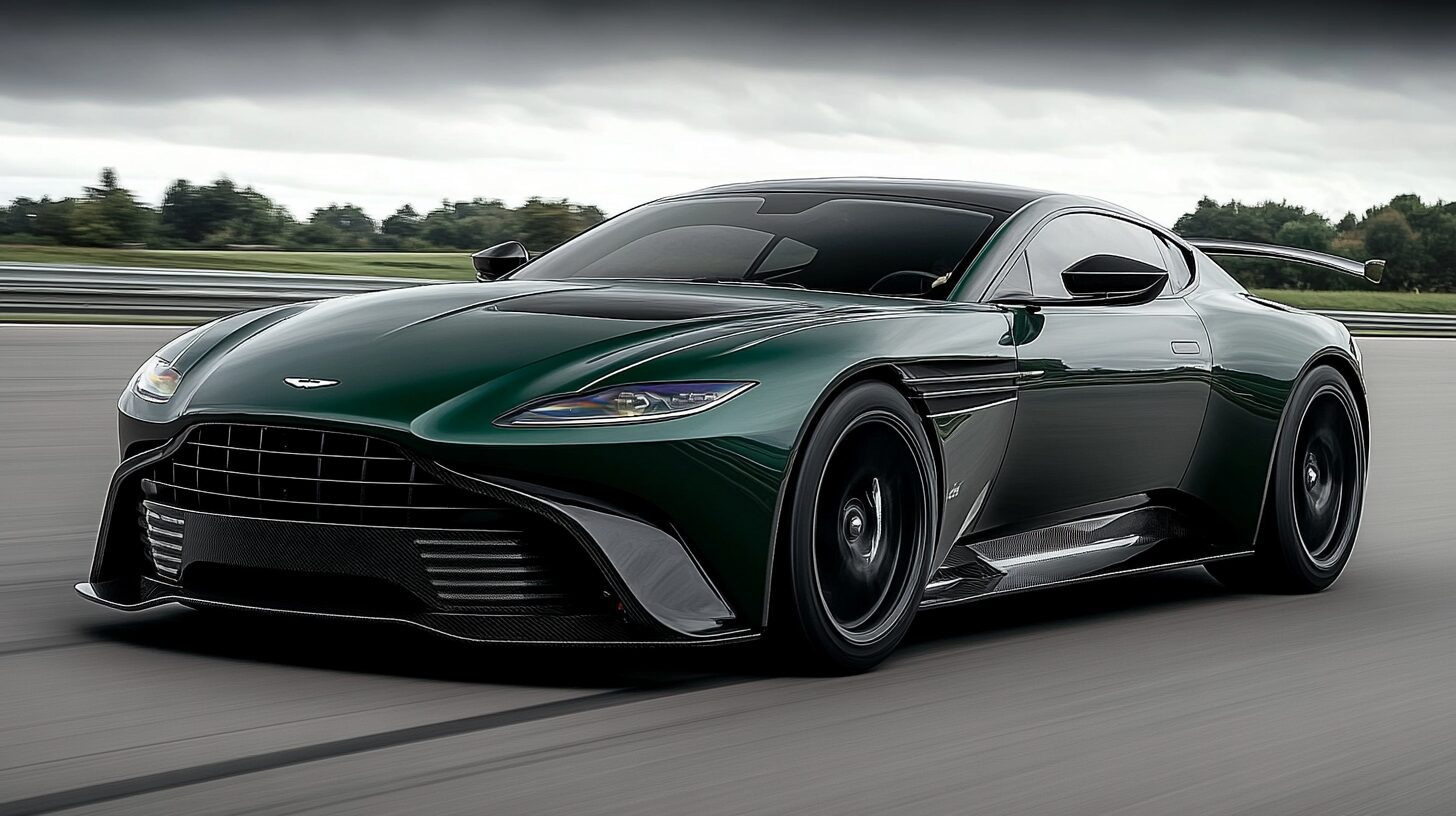 A dark green Aston Martin DBS GT Zagato speeding on a race track under a cloudy sky.