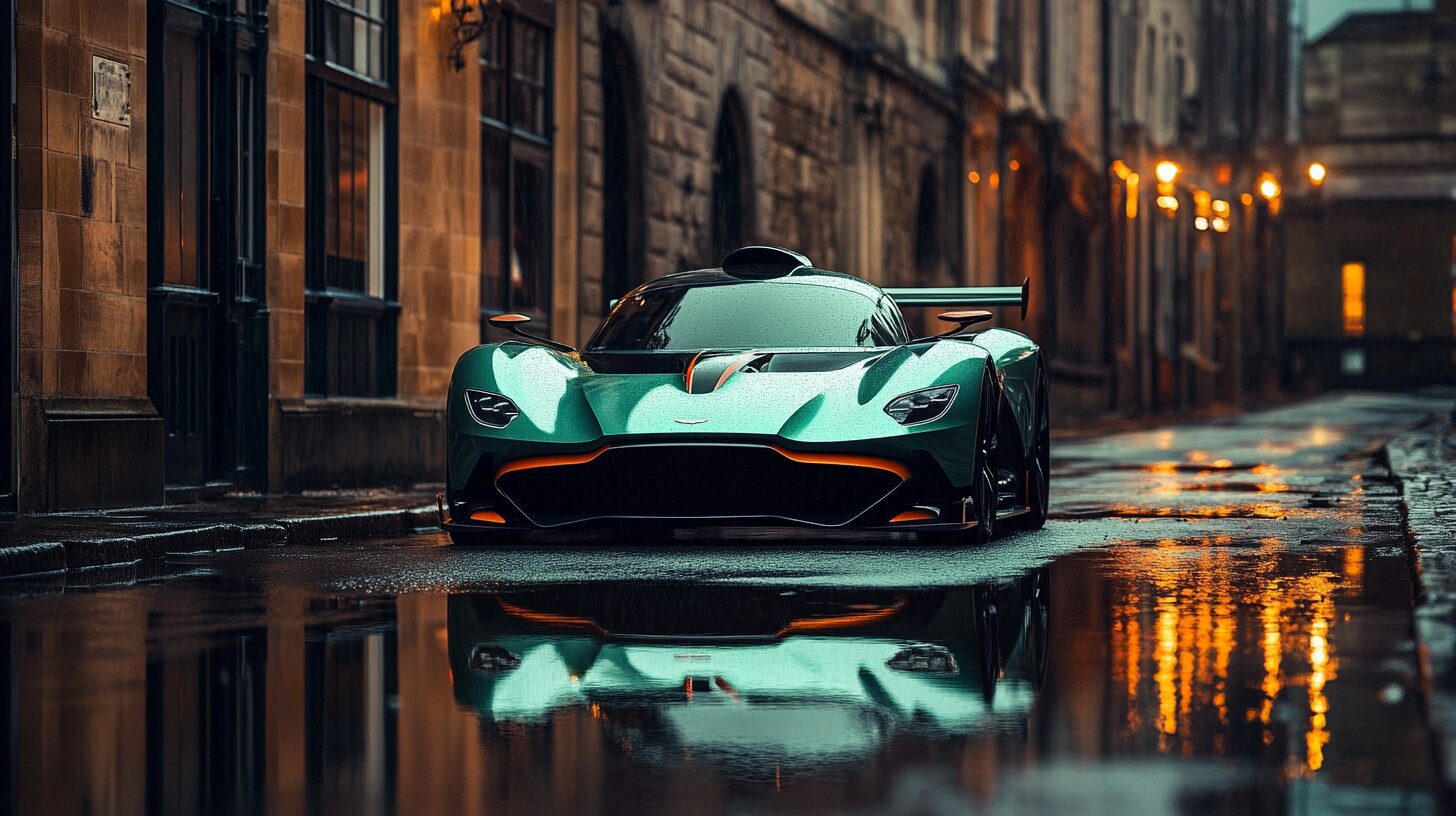 A sleek, teal Aston Martin Valkyrie parked on a wet cobblestone street at dusk, reflecting the city lights.