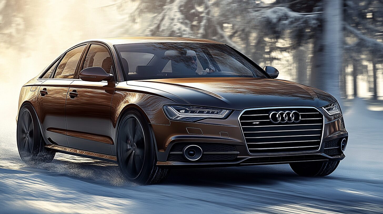 A brown Audi A6 sedan drives on a snowy road with trees in the background.