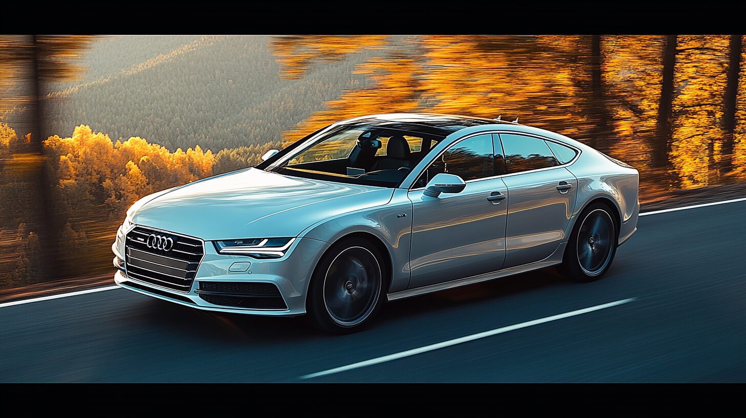 A silver Audi A7 drives on a winding road with autumn trees in the background.