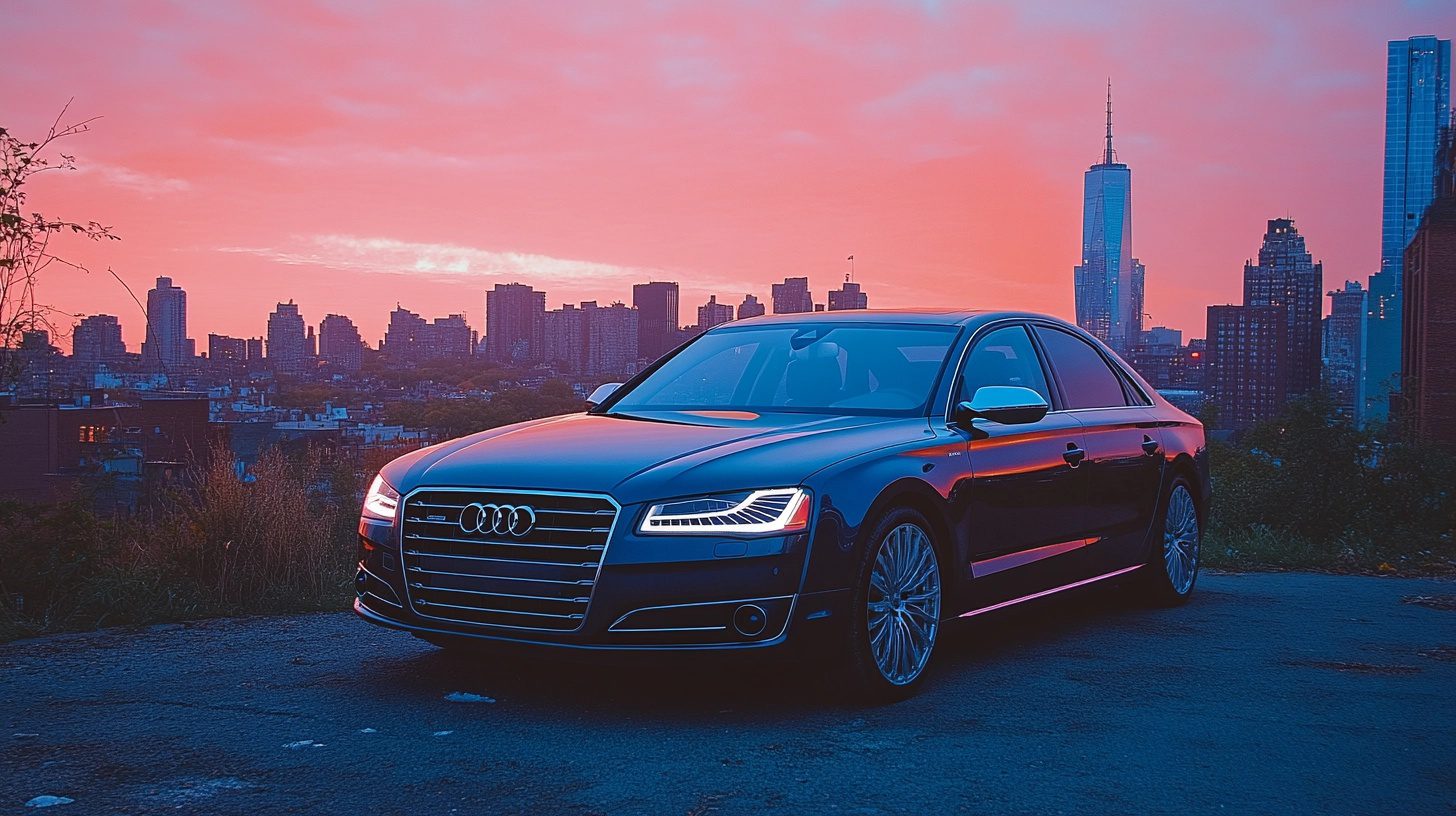A dark blue Audi A8 with its headlights on, parked against a vibrant pink and orange sunset over a city skyline.