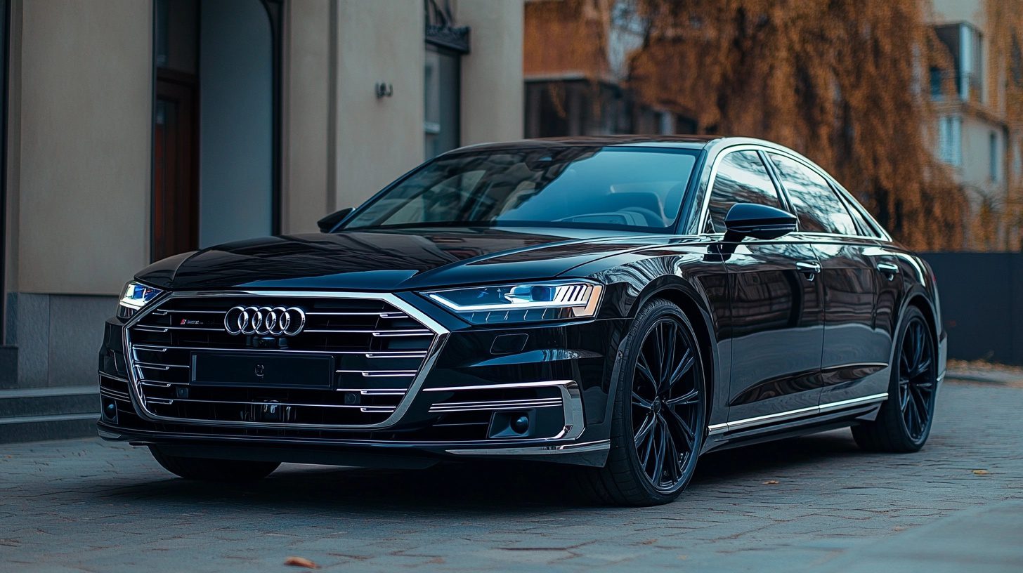 A sleek black Audi S8 sedan parked on a cobblestone street in front of a building.