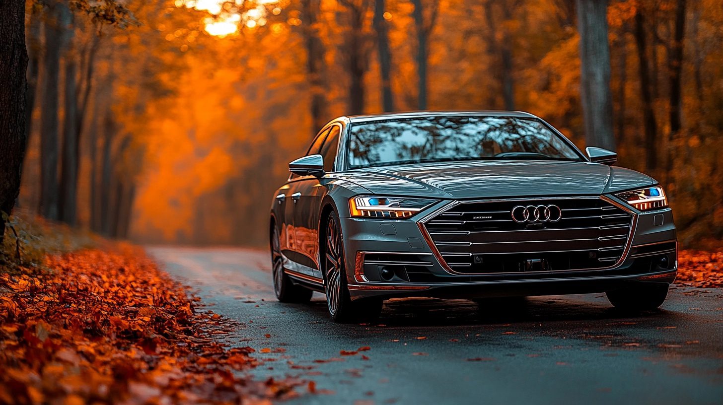 A sleek gray Audi A8 drives on a road lined with vibrant orange autumn trees and fallen leaves.